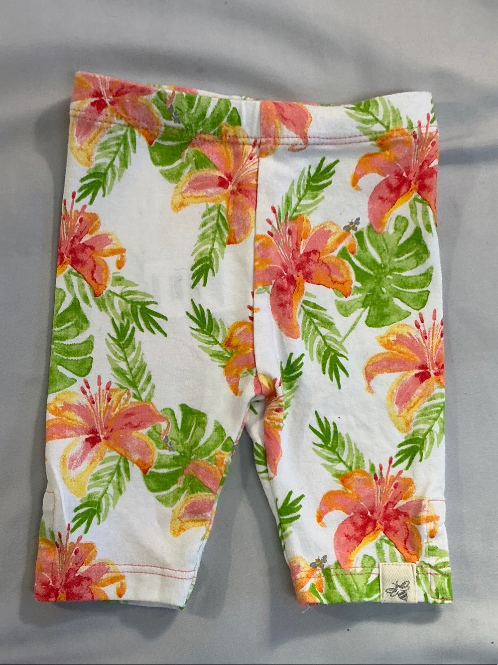 Burt's Bees Baby White Leggings with Pink-Orange Floral Print and Green Leaves